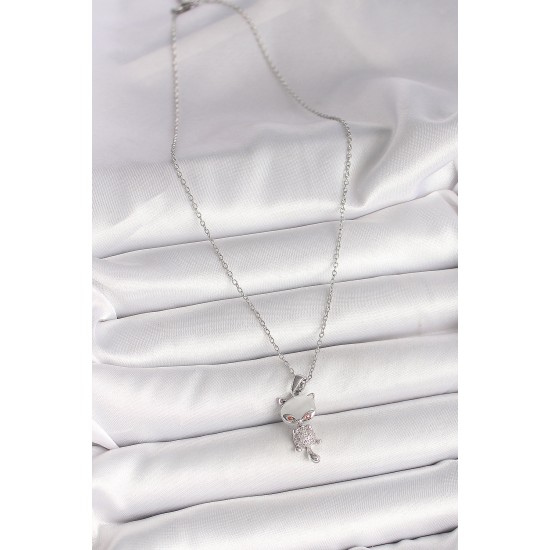 316L Çelik Gümüş Renk Zincir Zirkon Taşlı Kedi Model Kadın Kolye - TJ-BKO9981