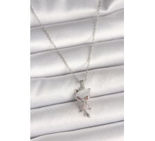 316L Çelik Gümüş Renk Zincir Zirkon Taşlı Kedi Model Kadın Kolye - TJ-BKO9981