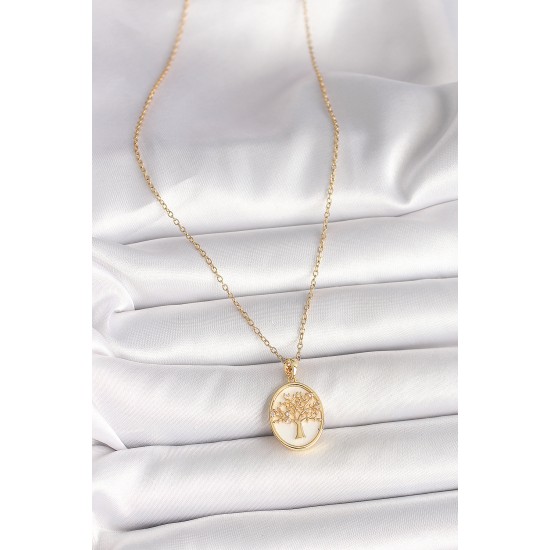 316L Çelik Gold Renk Zincir Zirkon Taş Detaylı Beyaz Mineli Ağaç İşlemeli Portre Model Kadın Kolye - TJ-BKO9982