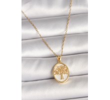 316L Çelik Gold Renk Zincir Zirkon Taş Detaylı Beyaz Mineli Ağaç İşlemeli Portre Model Kadın Kolye - TJ-BKO9982