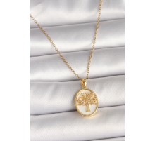 316L Çelik Gold Renk Zincir Zirkon Taş Detaylı Beyaz Mineli Ağaç İşlemeli Portre Model Kadın Kolye - TJ-BKO9982