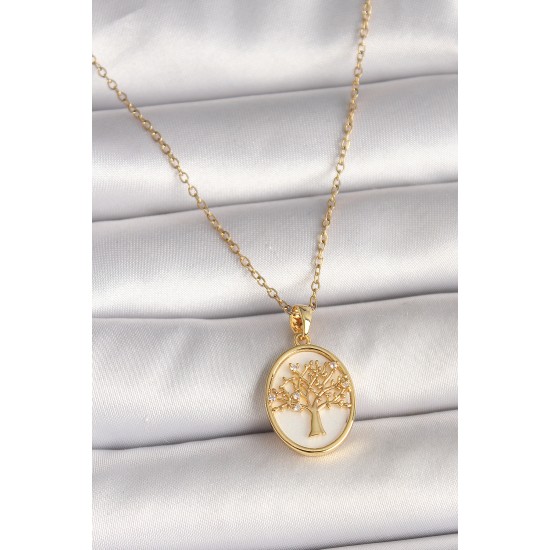 316L Çelik Gold Renk Zincir Zirkon Taş Detaylı Beyaz Mineli Ağaç İşlemeli Portre Model Kadın Kolye - TJ-BKO9982