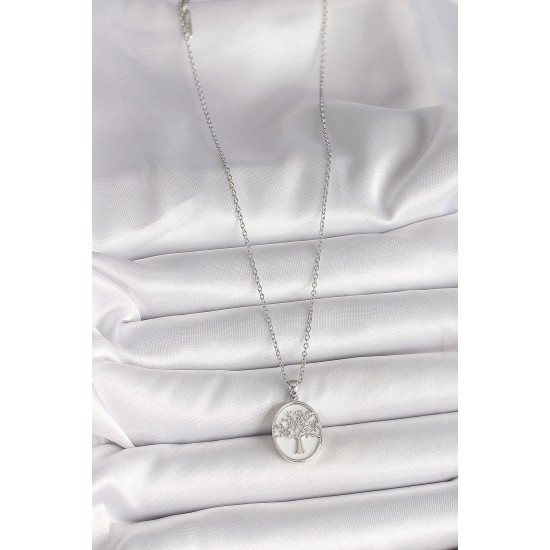 316L Çelik Gümüş Renk Zincir Zirkon Taş İşlemeli Beyaz Mineli Ağaç İşlemeli Portre Model Kadın Kolye - TJ-BKO9983