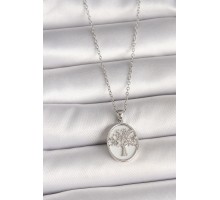 316L Çelik Gümüş Renk Zincir Zirkon Taş İşlemeli Beyaz Mineli Ağaç İşlemeli Portre Model Kadın Kolye - TJ-BKO9983