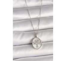 316L Çelik Gümüş Renk Zincir Zirkon Taş İşlemeli Beyaz Mineli Ağaç İşlemeli Portre Model Kadın Kolye - TJ-BKO9983