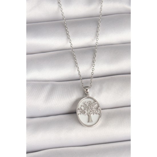 316L Çelik Gümüş Renk Zincir Zirkon Taş İşlemeli Beyaz Mineli Ağaç İşlemeli Portre Model Kadın Kolye - TJ-BKO9983