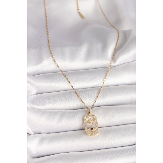 316L Çelik Gold Renk Zincir Zirkon Taşlı Göz Yıldız Model Kadın Kolye - TJ-BKO9984