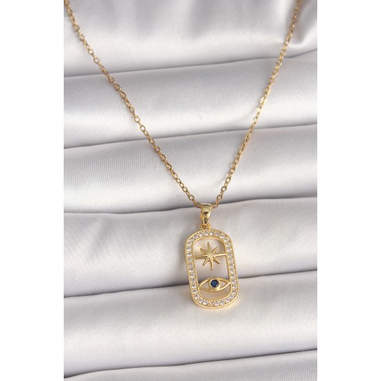 316L Çelik Gold Renk Zincir Zirkon Taşlı Göz Yıldız Model Kadın Kolye - TJ-BKO9984