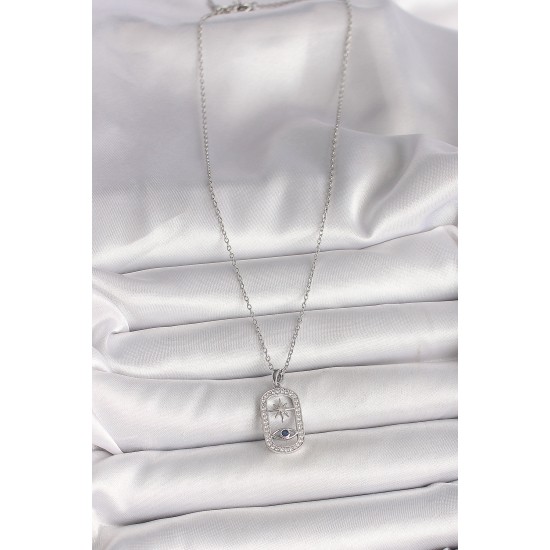 316L Çelik Gümüş Renk Zincir Zirkon Taşlı Göz Yıldız Model Kadın Kolye - TJ-BKO9985