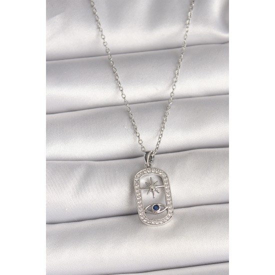 316L Çelik Gümüş Renk Zincir Zirkon Taşlı Göz Yıldız Model Kadın Kolye - TJ-BKO9985
