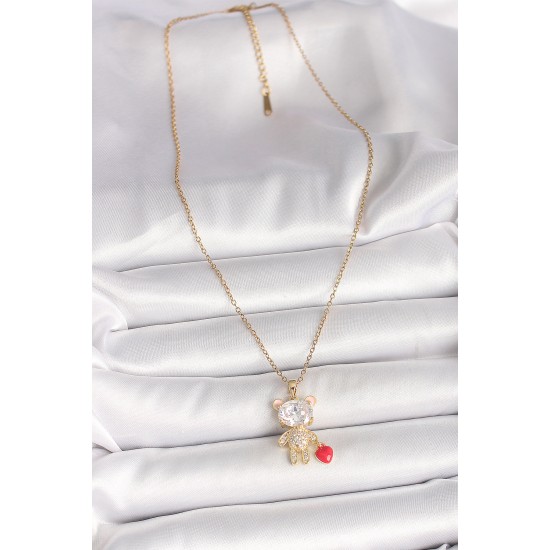 316L Çelik Gold Renk Zincir Zirkon Taşlı Ayıcık Model Kırmızı Kalp Detay Kadın Kolye - TJ-BKO9986
