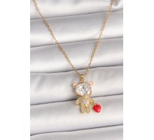 316L Çelik Gold Renk Zincir Zirkon Taşlı Ayıcık Model Kırmızı Kalp Detay Kadın Kolye - TJ-BKO9986