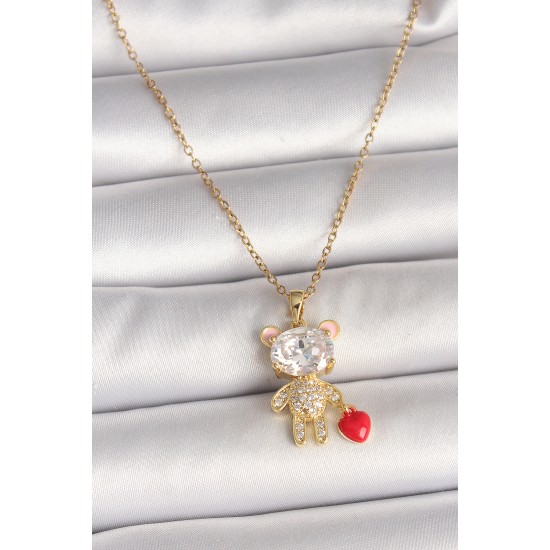 316L Çelik Gold Renk Zincir Zirkon Taşlı Ayıcık Model Kırmızı Kalp Detay Kadın Kolye - TJ-BKO9986