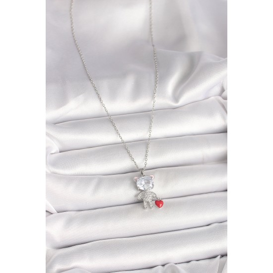 316L Çelik Gümüş Renk Zincir Zirkon Taşlı Ayıcık Model Kırmızı Kalp Detay Kadın Kolye - TJ-BKO9987