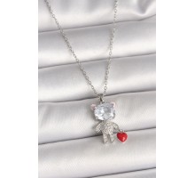 316L Çelik Gümüş Renk Zincir Zirkon Taşlı Ayıcık Model Kırmızı Kalp Detay Kadın Kolye - TJ-BKO9987