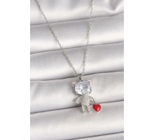 316L Çelik Gümüş Renk Zincir Zirkon Taşlı Ayıcık Model Kırmızı Kalp Detay Kadın Kolye - TJ-BKO9987