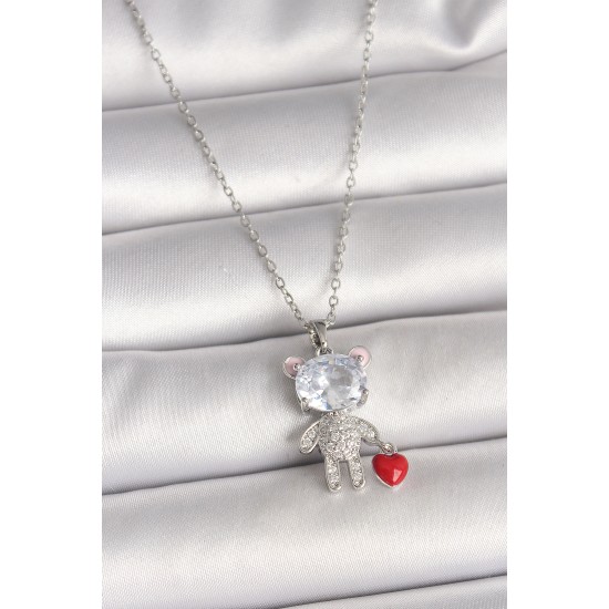 316L Çelik Gümüş Renk Zincir Zirkon Taşlı Ayıcık Model Kırmızı Kalp Detay Kadın Kolye - TJ-BKO9987