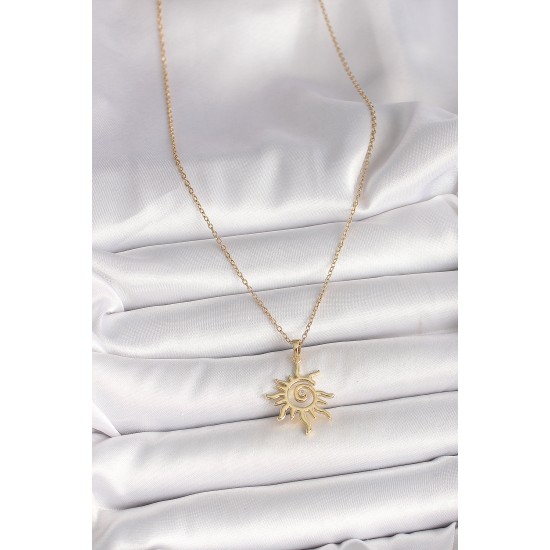 316L Çelik Gold Renk Zincir Zirkon Taş Detaylı Güneş Model Kadın Kolye - TJ-BKO9988