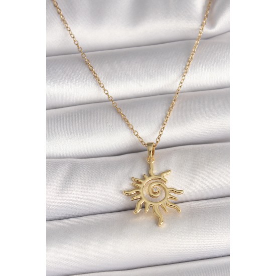 316L Çelik Gold Renk Zincir Zirkon Taş Detaylı Güneş Model Kadın Kolye - TJ-BKO9988