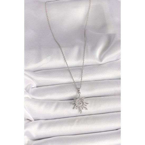 316L Çelik Gümüş Renk Zincir Zirkon Taşlı Güneş Model Kadın Kolye - TJ-BKO9989