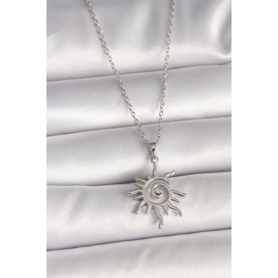 316L Çelik Gümüş Renk Zincir Zirkon Taşlı Güneş Model Kadın Kolye - TJ-BKO9989