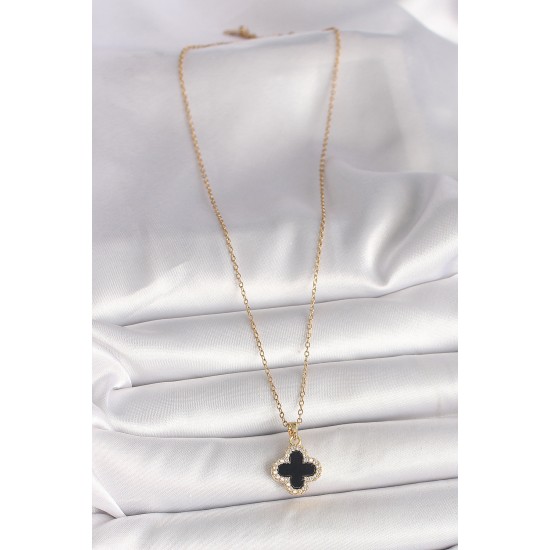 316L Çelik Gold Renk Zincir Zirkon Taşlı Yonca Model Kadın Kolye - TJ-BKO9990