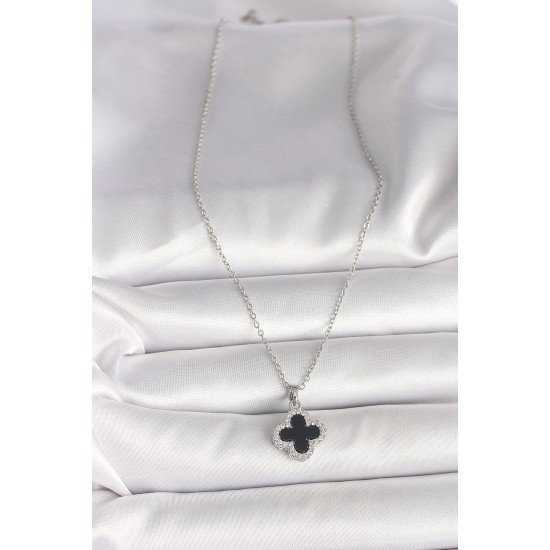 316L Çelik Gümüş Renk Zincir Zirkon Taşlı Yonca Model Kadın Kolye - TJ-BKO9991