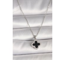 316L Çelik Gümüş Renk Zincir Zirkon Taşlı Yonca Model Kadın Kolye - TJ-BKO9991