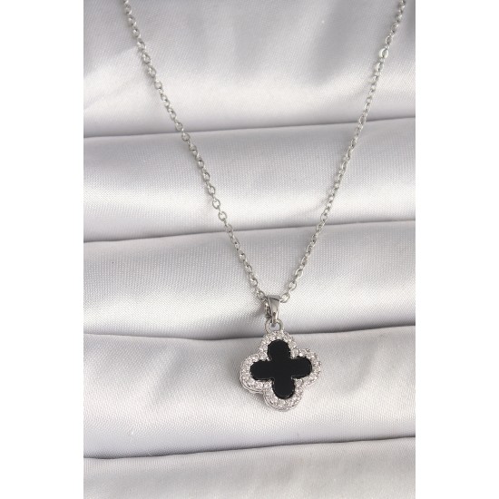 316L Çelik Gümüş Renk Zincir Zirkon Taşlı Yonca Model Kadın Kolye - TJ-BKO9991