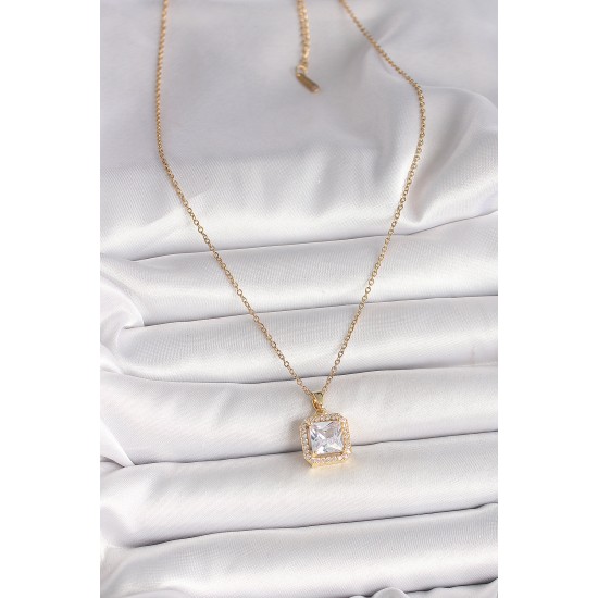 316L Çelik Gold Renk Zincir Kare Zirkon Taşlı Model Kadın Kolye - TJ-BKO9992