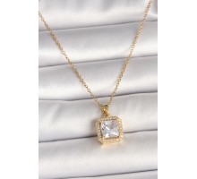 316L Çelik Gold Renk Zincir Kare Zirkon Taşlı Model Kadın Kolye - TJ-BKO9992