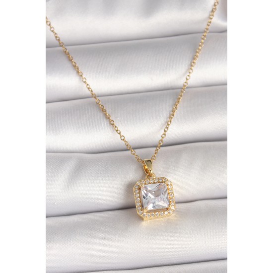 316L Çelik Gold Renk Zincir Kare Zirkon Taşlı Model Kadın Kolye - TJ-BKO9992