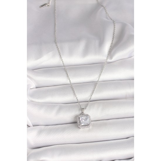 316L Çelik Gümüş Renk Zincir Kare Zirkon Taşlı Kadın Kolye - TJ-BKO9993