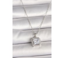 316L Çelik Gümüş Renk Zincir Kare Zirkon Taşlı Kadın Kolye - TJ-BKO9993