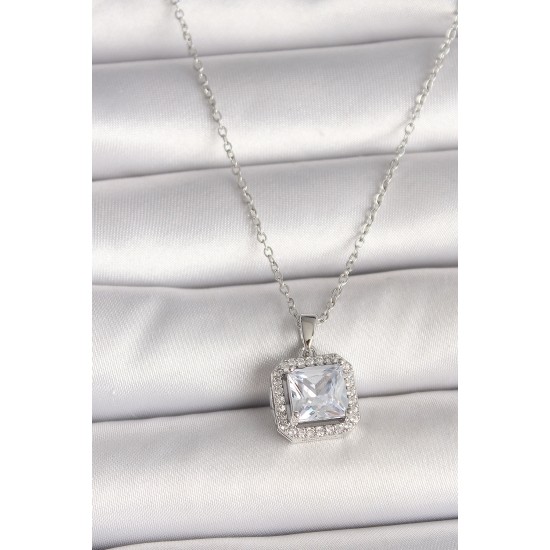 316L Çelik Gümüş Renk Zincir Kare Zirkon Taşlı Kadın Kolye - TJ-BKO9993