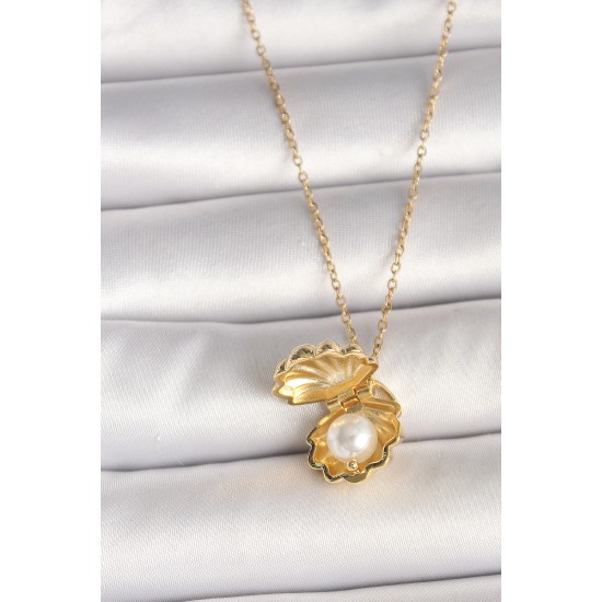 316L Çelik Gold Renk Zincir Açılır İncili Midye Model Kadın Kolye - TJ-BKO9994