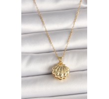 316L Çelik Gold Renk Zincir Açılır İncili Midye Model Kadın Kolye - TJ-BKO9994
