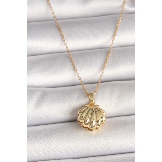 316L Çelik Gold Renk Zincir Açılır İncili Midye Model Kadın Kolye - TJ-BKO9994