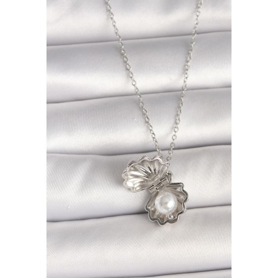 316L Çelik Gümüş Renk Zincir Açılır İncili Midye Model Kadın Kolye - TJ-BKO9995