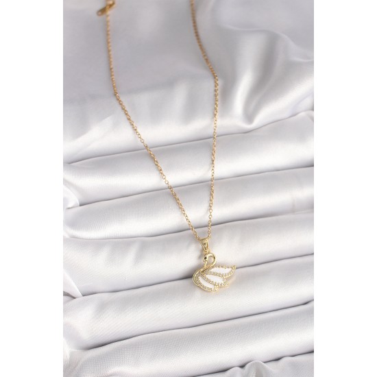 316L Çelik Gold Renk Zincir Zirkon Taşlı Kuğu Model Kadın Kolye - TJ-BKO9996