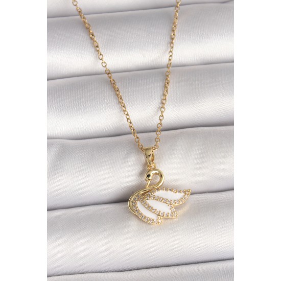 316L Çelik Gold Renk Zincir Zirkon Taşlı Kuğu Model Kadın Kolye - TJ-BKO9996