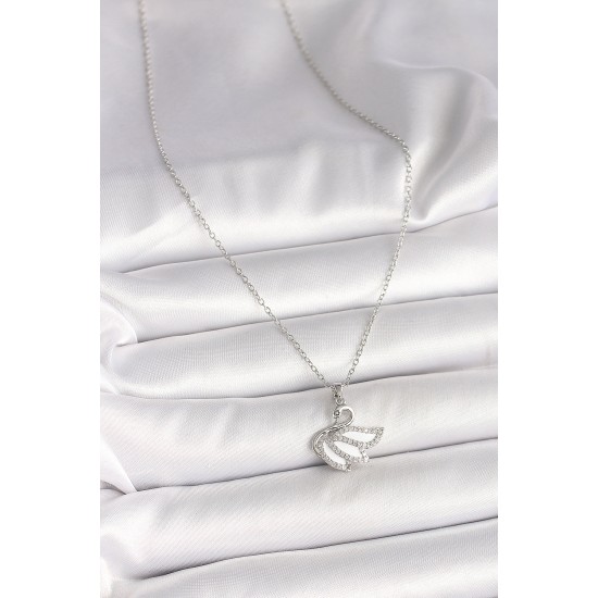 316L Çelik Gümüş Renk Zincir Zirkon Taşlı Kuğu Model Kadın Kolye - TJ-BKO9997