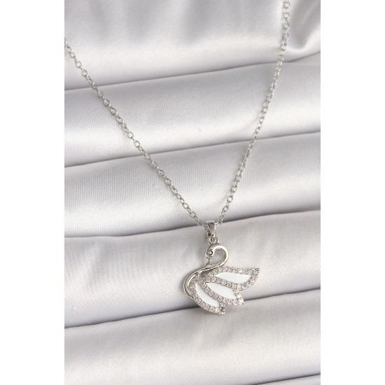 316L Çelik Gümüş Renk Zincir Zirkon Taşlı Kuğu Model Kadın Kolye - TJ-BKO9997
