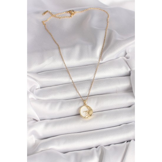 316L Çelik Gold Renk Zincir Beyaz Mineli Gün Batımı Model Kadın Kolye - TJ-BKO9998