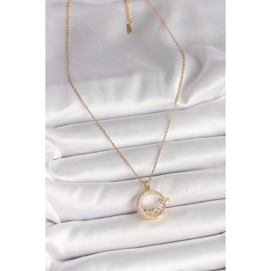 316L Çelik Gold Renk Zincir Zirkon Taşlı Ay Yıldız Model Sonsuzluk Detay Kadın Kolye - TJ-BKO10000