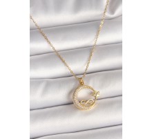 316L Çelik Gold Renk Zincir Zirkon Taşlı Ay Yıldız Model Sonsuzluk Detay Kadın Kolye - TJ-BKO10000