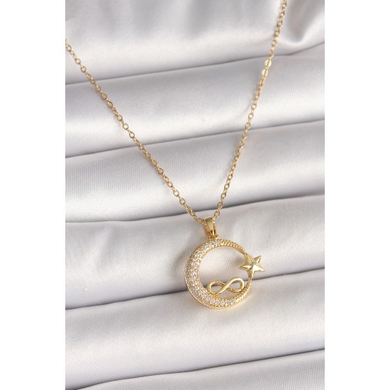 316L Çelik Gold Renk Zincir Zirkon Taşlı Ay Yıldız Model Sonsuzluk Detay Kadın Kolye - TJ-BKO10000