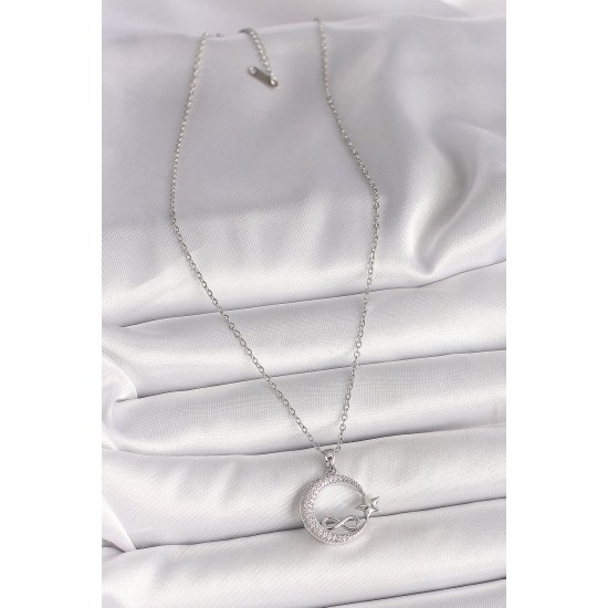 316L Çelik Gümüş Renk Zincir Zirkon Taşlı Ay Yıldız Model Sonsuzluk Detay Kadın Kolye - TJ-BKO10001