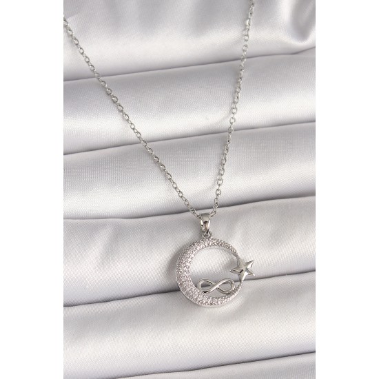316L Çelik Gümüş Renk Zincir Zirkon Taşlı Ay Yıldız Model Sonsuzluk Detay Kadın Kolye - TJ-BKO10001