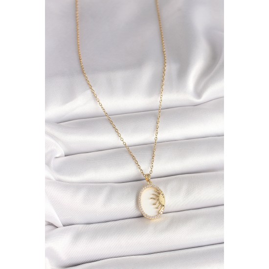 316L Çelik Gold Renk Zincir Beyaz Mineli Gün Batımı Model Zirkon Taş Detay Kadın Kolye - TJ-BKO10002